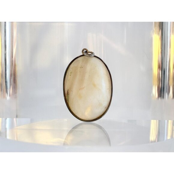 Mother of Pearl Oval Cabochon Polished XL Silver Toned Vintage Statement Pendant - Picture 7 of 7
